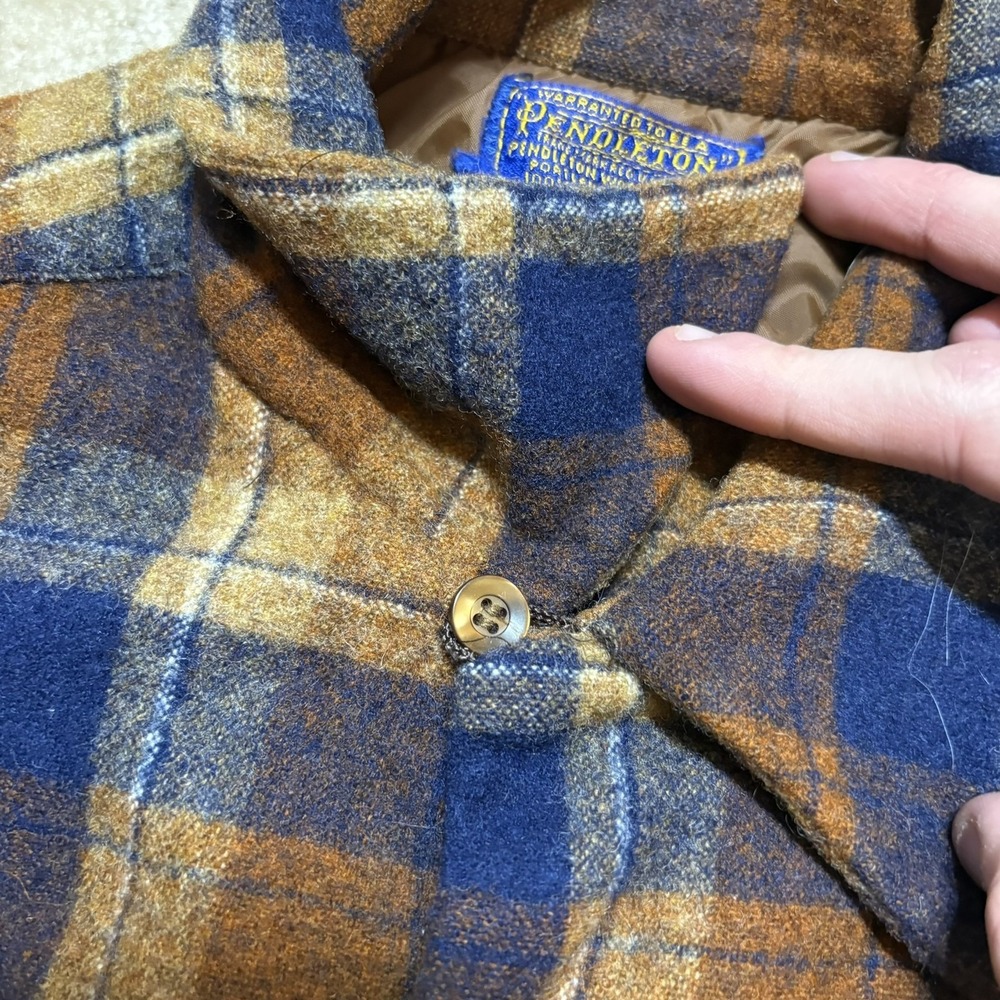 Vtg Pendleton Shirt Mens Large Brown Plaid Wool Flannel Loop Collar Made USA 60s - Picture 12 of 12